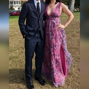 Lulu's Garden Romance Magenta Floral Print Organza Maxi Dress, Size M